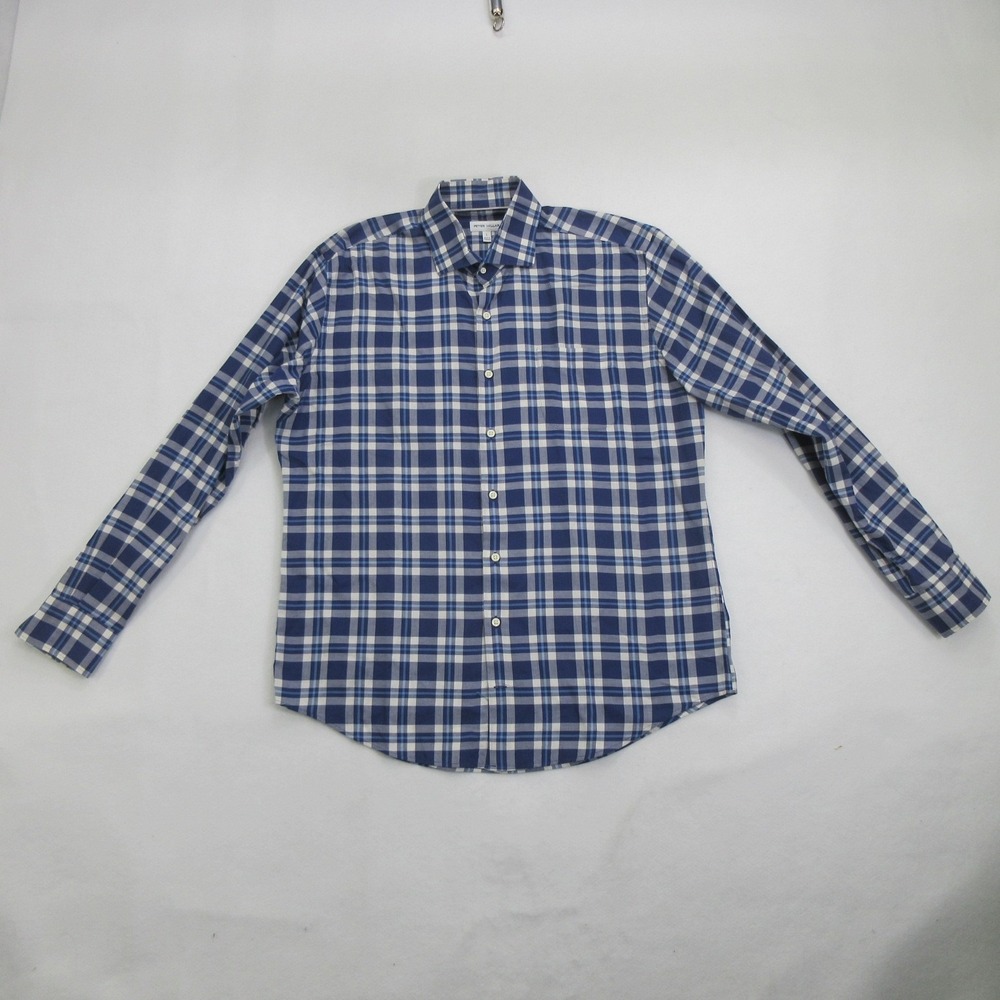 Peter Millar Men's Shirt Size L Plaid Button Down Long Sleeve Blue White Cotton